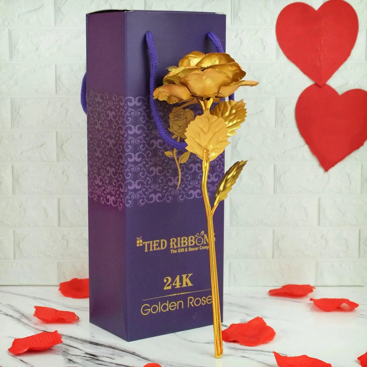Rose Gold Artificial Flower with Rose Box With Free Love Stand